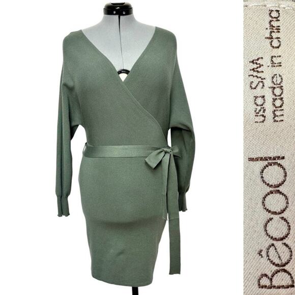 Becool Faux Wrap Belted Knit Sweater Dress V-Neck Fitted Batwing Sleeve Sz: S/M - Picture 1 of 8